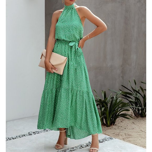 MBM Unlimited Dresses & Skirts - Green Polka Dot Halter Flounce Maxi Dress